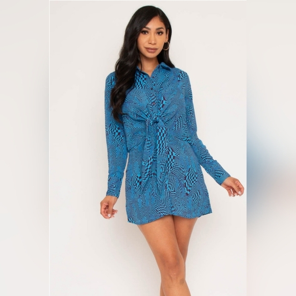 Soi Studio Silky Mini Dress Size Large Blue & Brown Front Tie Button Front Chic - Picture 1 of 15